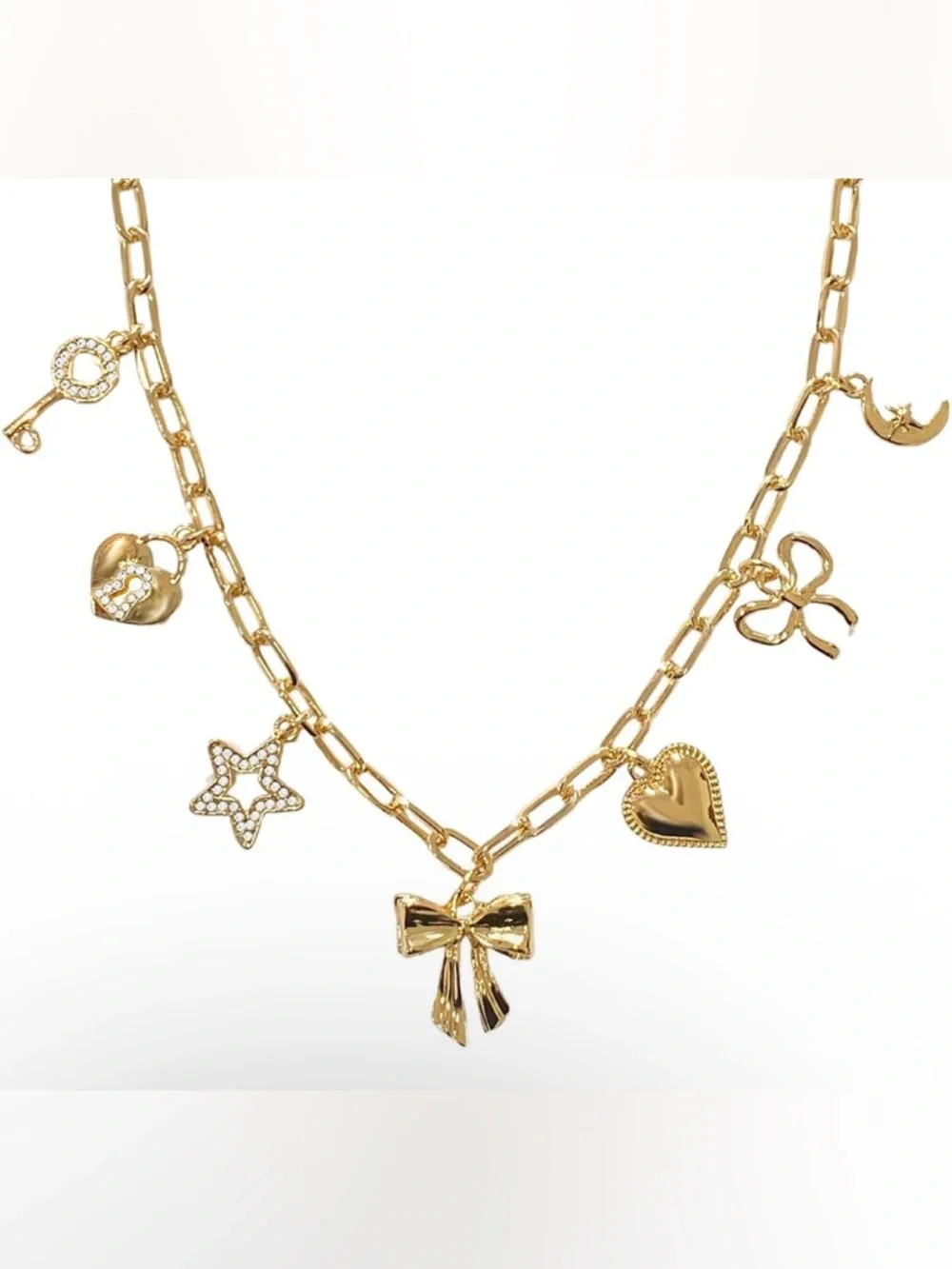 Gold Charm Bow Necklace with Heart & Star Charms - Women Jewelry